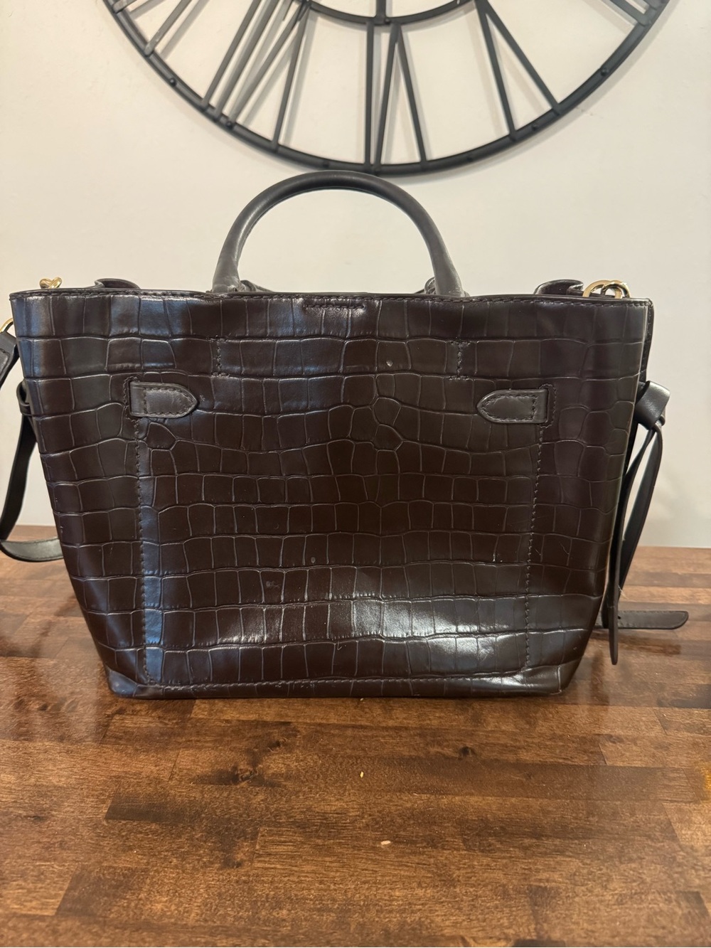 Michael Kors Dark Brown Croc-Embossed Leather Satchel with Gold Hardware - Picture 2 of 4